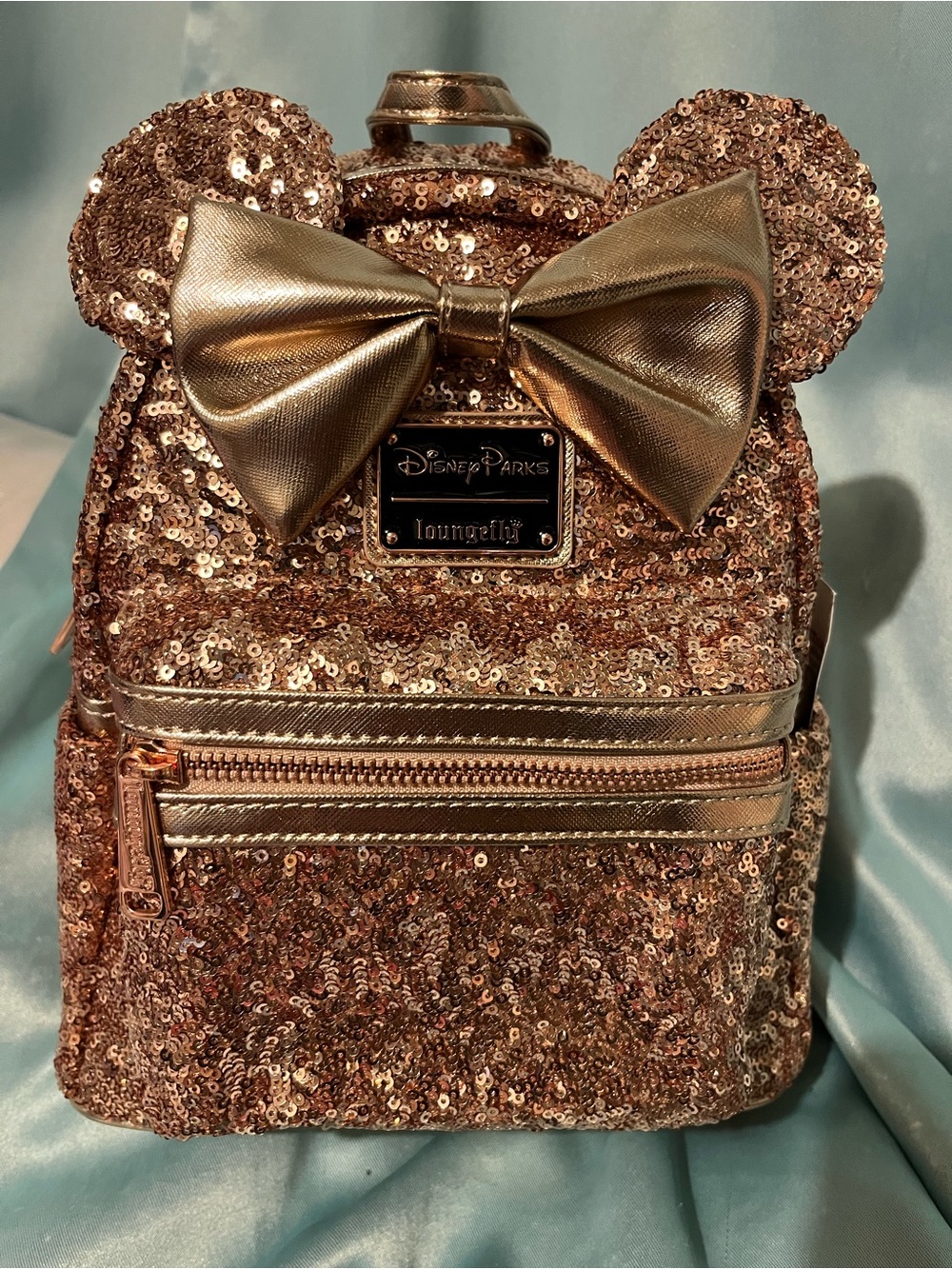 Loungefly Rose Gold Sequin Mini Backpack with Metallic Bow